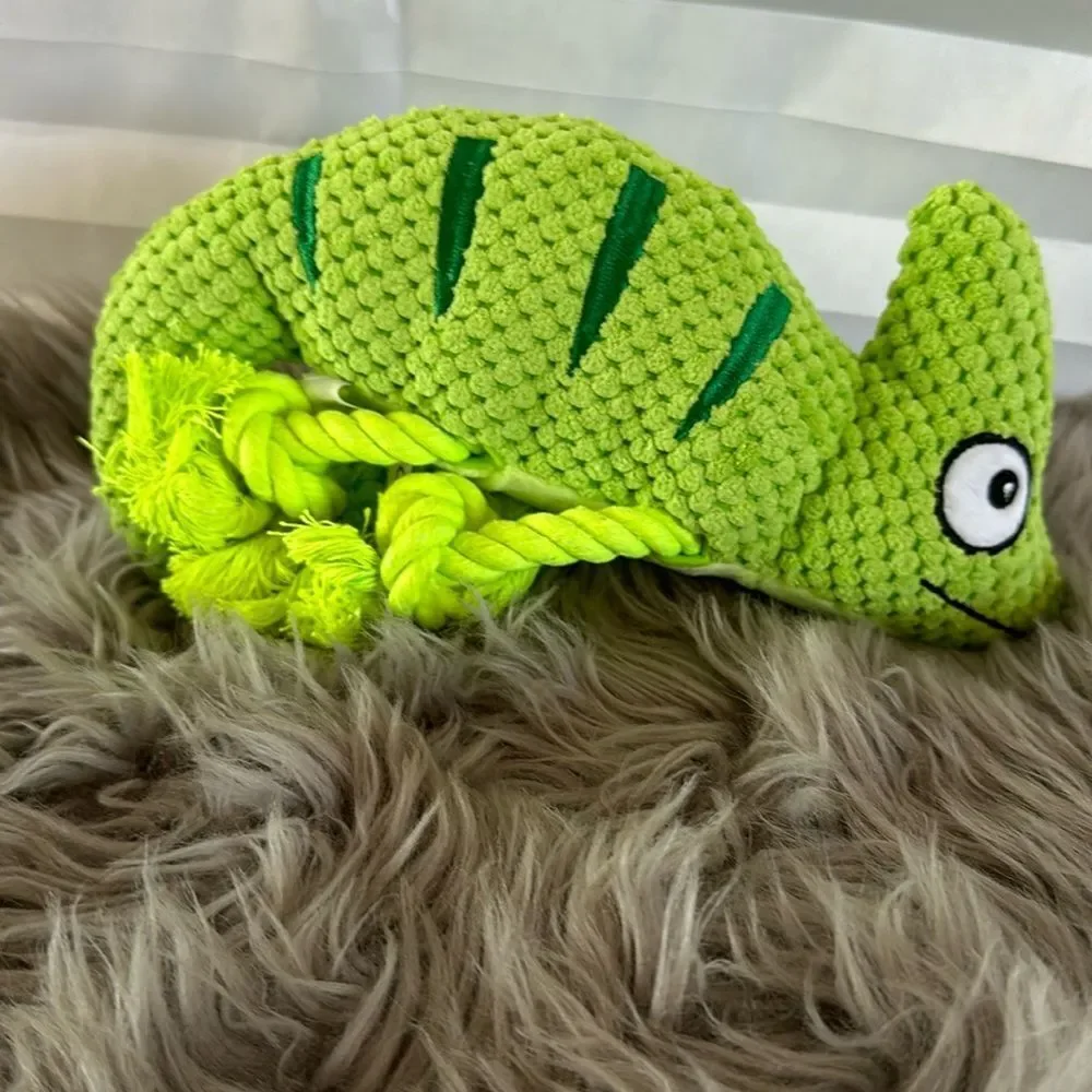 Green Iguana Plush Dog Toy with Rope Attachments Durable Squeaky Pet Chew